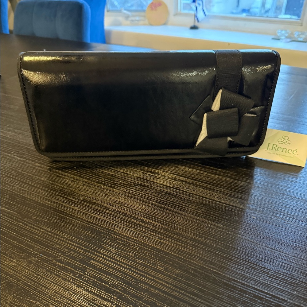 NWT J.Renee Sleek Black Clutch with Bow Accent